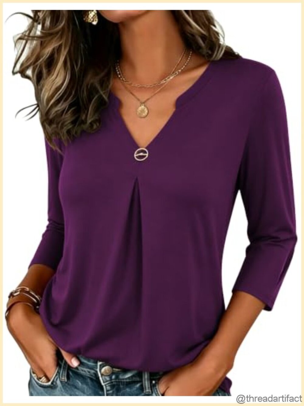 Womens 3/4 Sleeve V Neck Tunic Top Metal Ring Dressy Casual Blouse